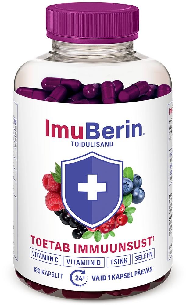 ImuBerin toidulisandi pudel immuunsüsteemi toetamiseks C- ja D-vitamiini, tsingi ja seleeniga; läbipaistev purk lilla kaane ja marjapildiga etiketiga.
