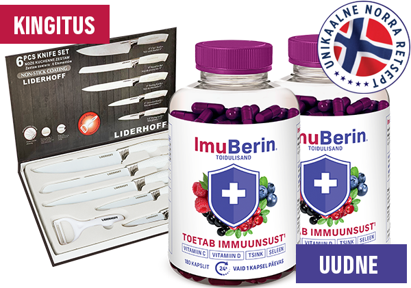 Natural Pharmaceuticals ImuBerin ImuBerin toidulisandi sooduspakett: kaks pakendit immuunsüsteemi toetavaid kapsleid (vitamiinide C ja D, tsingi ja seleeniga) ning tasuta Liderhoff noad.